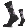 Crew socks in black with argyle diamond pattern; ribbed cuff and cushioned sole