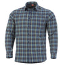 Blue check plaid tactical button-up shirt with button front and long sleeves