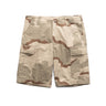 Desert camo BDU shorts with cargo pockets, button waist, and belt loops