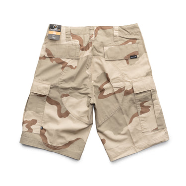 Desert camo BDU shorts with front cargo pockets and belt loops