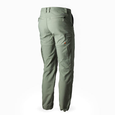 Camo green climbing pants with front pockets and tapered legs
