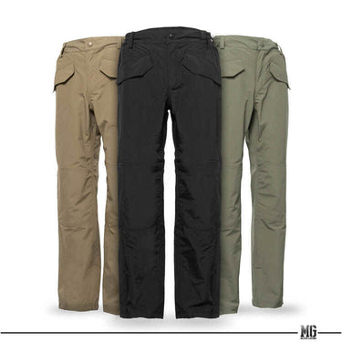 Set of waterproof rain pants in beige, black, and green with flap pockets