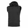 Black sleeveless hoodie vest with full-zip front and attached hood, drawstring hem pockets.