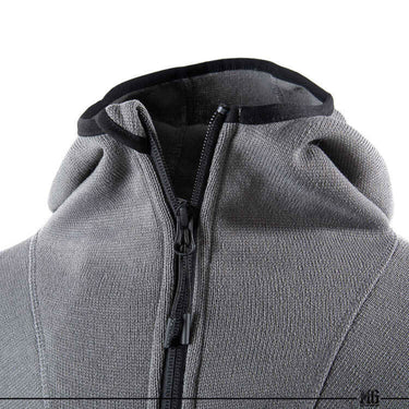 Gray fleece sweater hood with black inner lining and full-zip placket
