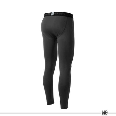 Black thermal pants, front view, fitted long legs with contoured pouch.