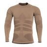 Tan long-sleeve activity shirt with subtle geometric camo pattern on chest and sleeves