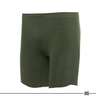 Men's activity short pants, dark green, contoured front panel.