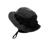 Black jungle hat with wide brim, side ventilation flaps, and chin strap