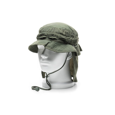 Pentagon Kalahari hat on head form, olive green, brim, neck flap, chin strap