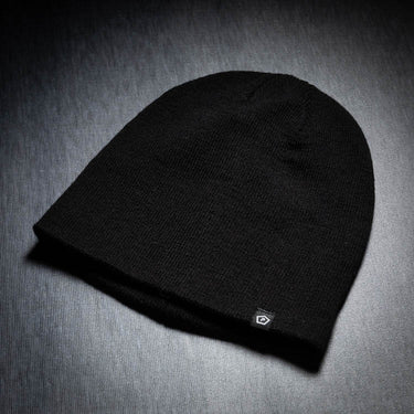Black wool watch cap with folded cuff and small logo patch