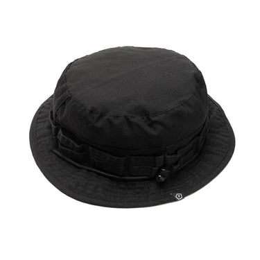 Black bucket hat with stitched paneling and small front logo patch