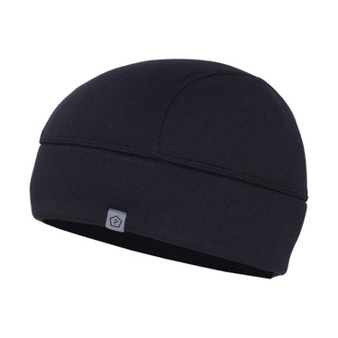 Black watch cap beanie with fold-over band and small logo patch