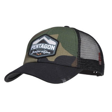 Woodland camo trucker cap with black brim, front Pentagon patch, mesh sides.