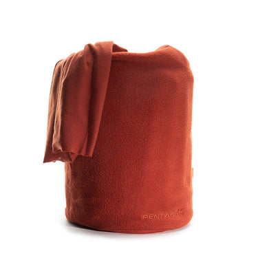 Rust red neck gaiter, folded fleece tube with hanging end and small logo mark.