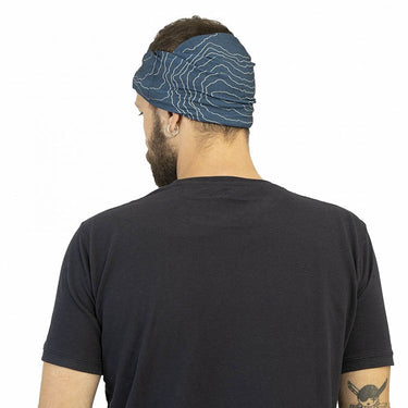 All-weather neck gaiter worn as head wrap, navy topographic map pattern