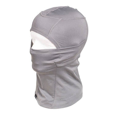 Light gray balaclava hood with face opening and stitched panel seams, stretch fit