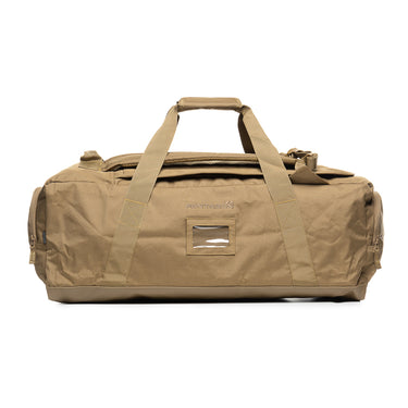 Coyote 70L duffle bag with top handle, front zip pocket, and side grab straps