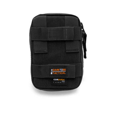 Black utility pouch with front MOLLE webbing, zip pull, and Cordura patch