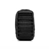 Black tactical backpack with front MOLLE webbing and padded back panel.