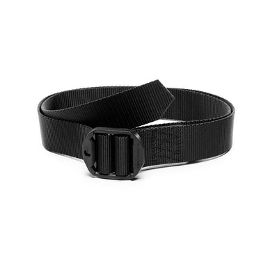 Black nylon single tactical belt with black rectangular buckle and dual metal prongs