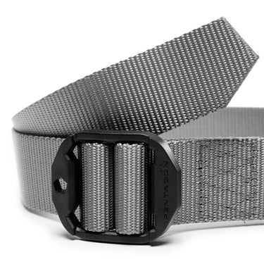 Gray nylon single tactical belt with black buckle and dual metal adjustment prongs