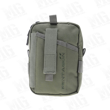 Olive utility pouch with front hook-and-loop strap and vertical webbing patch