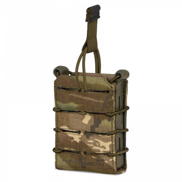 Single rifle magazine pouch in camo fabric with bungee lanyard and MOLLE straps