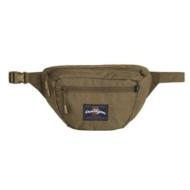 Tan fabric waist pouch with zip pocket and adjustable strap