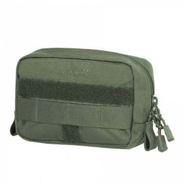 Utility pouch in dark green with front webbing strip and zipper with pull