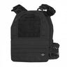Black tactical vest with MOLLE webbing, front panel, and adjustable side straps