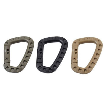 Tactical D-ring links in gray, black, and tan, each with rugged molded texture