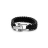 Black paracord tactical survival bracelet with silver metal clasp and buckle.