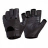 Black fingerless leather duty gloves with open fingertips and padded knuckles