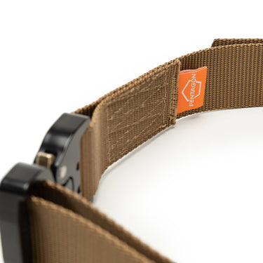 Coyote tactical belt with Pentagon logo patch, textured webbing, and metal buckle