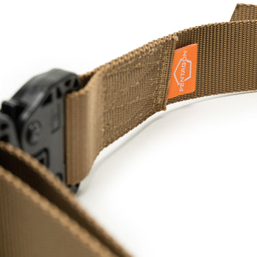 Coyote webbing belt with black buckle frame and stitched side label