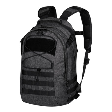 Black-gray heather nylon MOLLE backpack with front zip pocket and adjustable shoulder straps