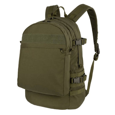Olive green tactical backpack with padded shoulder straps, MOLLE webbing, front pocket