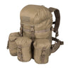 Coyote 35L tactical backpack with front flap and webbing buckles on side pockets.