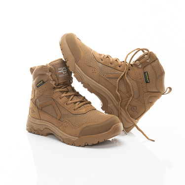 Coyote tan 6-in lace-up tactical boots, side view, textured uppers and sole.