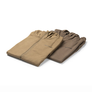 Tan sleeveless hoodie vest folded flat, with hood drawstrings and front zipper.