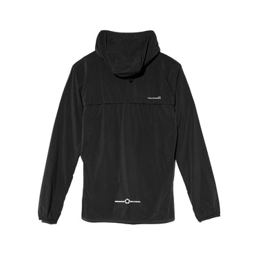 Black hooded jacket with full-zip front, chest logo, and drawcord hem