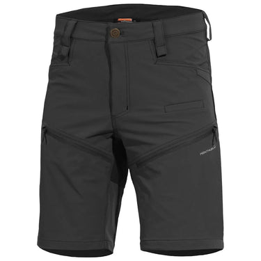 Black cargo shorts with belt loops, zip fly, and front flap pockets