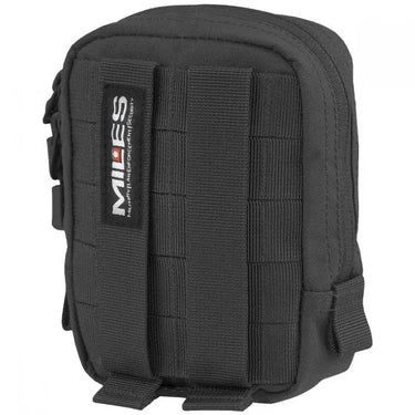 Black utility pouch with vertical MOLLE straps and “MILES” patch on front