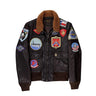 Men's leather G-1 jacket, dark with tan shearling collar and front patch emblems