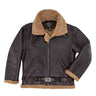 Brown sheepskin bomber jacket with tan shearling collar, zip front, and snap belts