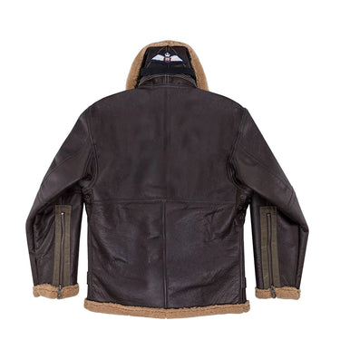 Brown leather bomber jacket with tan shearling cuffs and hem, back panel and snap pockets