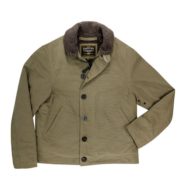 Bedford cord jacket in olive with brown shearling collar and button front.