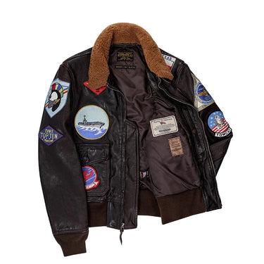 Men's leather G-1 jacket, dark with tan shearling collar and open front patch details