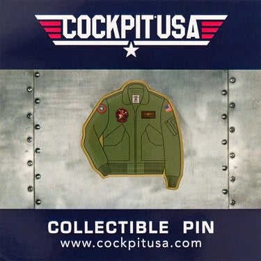 Jacket-shaped collectible pin with olive flight-jacket design, patch details, gold trim