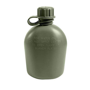 Olive plastic canteen with screw cap and carrying clip, engraved warning text